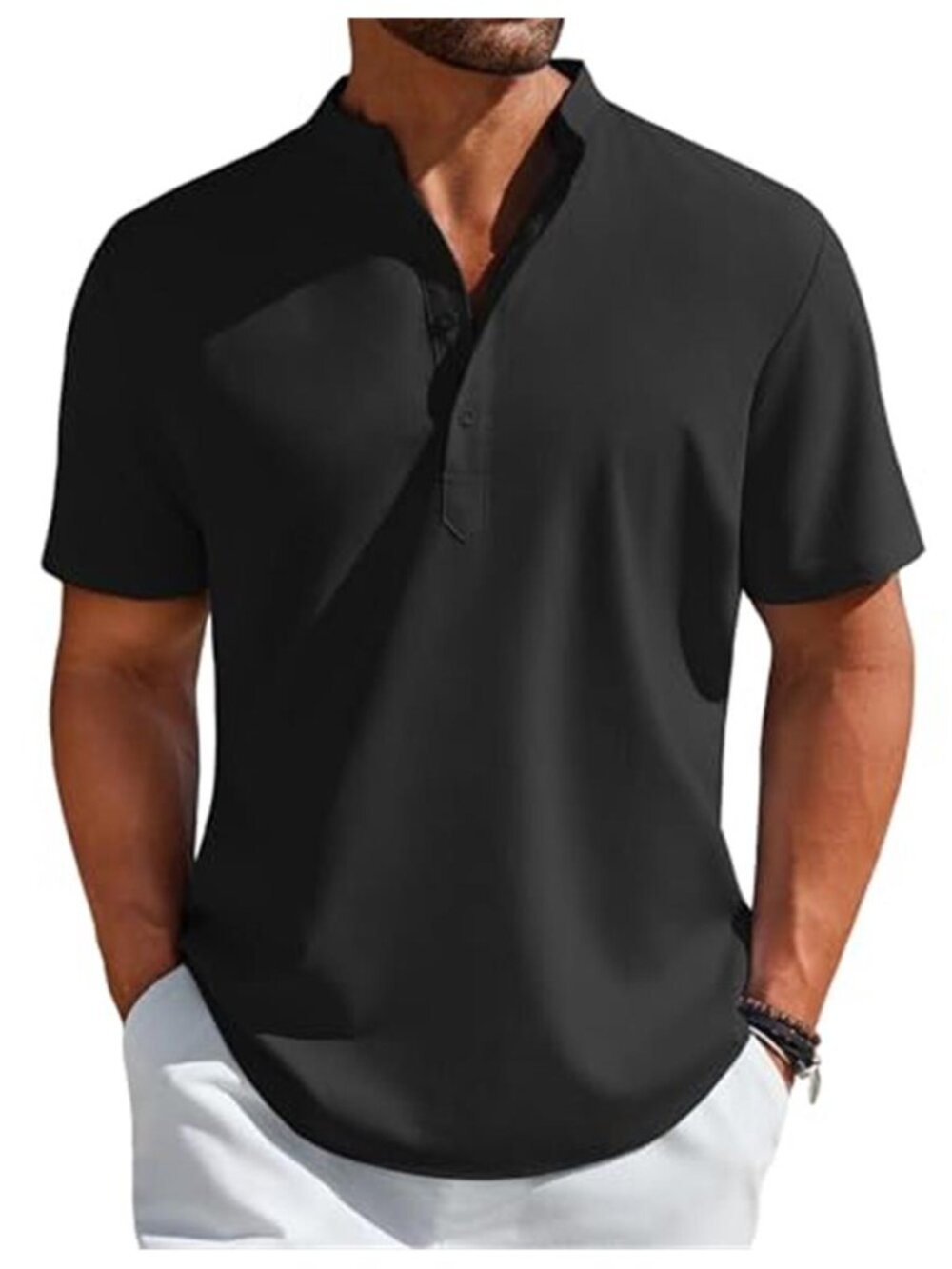 Men Henley Shirt Short Sleeve Button Neck Black Casual Summer Beach Tee Shirt